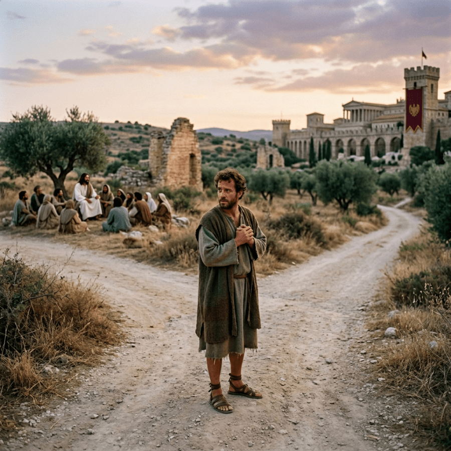Man standing at a fork in the road with signs pointing to Jesus the way of mercy and Roma the power of empire